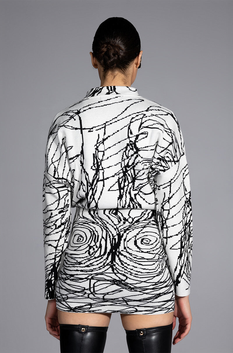 BODY WORK ABSTRACT LONG SLEEVE KNIT MINI DRESS
