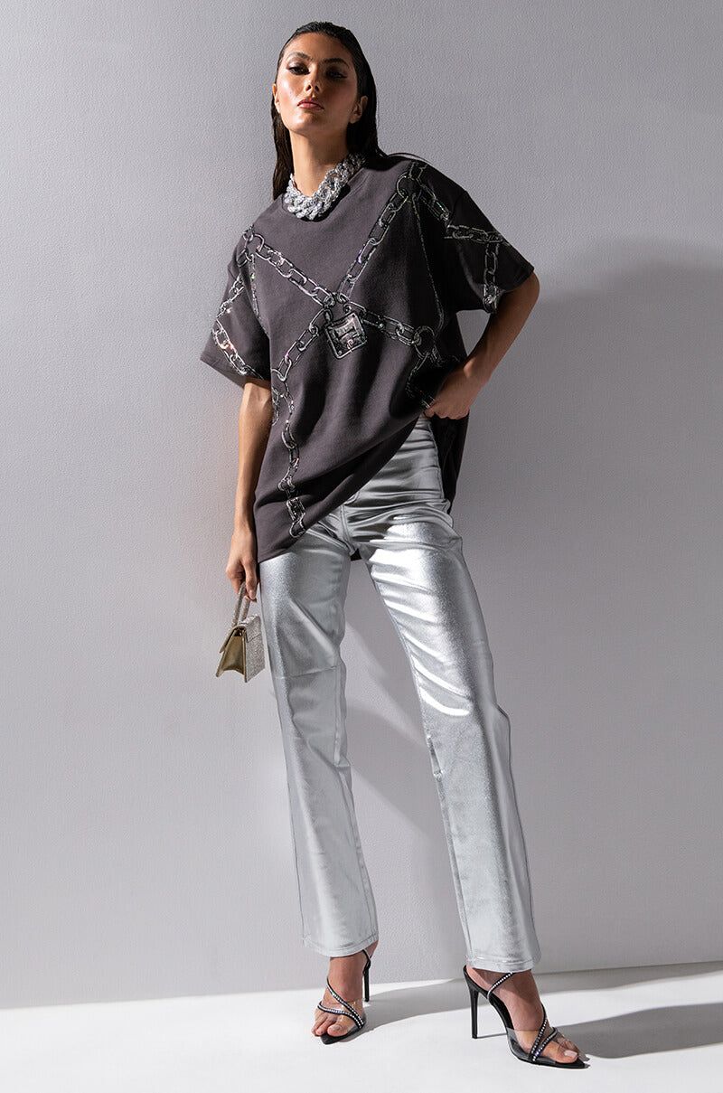 BORN TO SHINE METALLIC STRAIGHT LEG PANTS IN SILVER