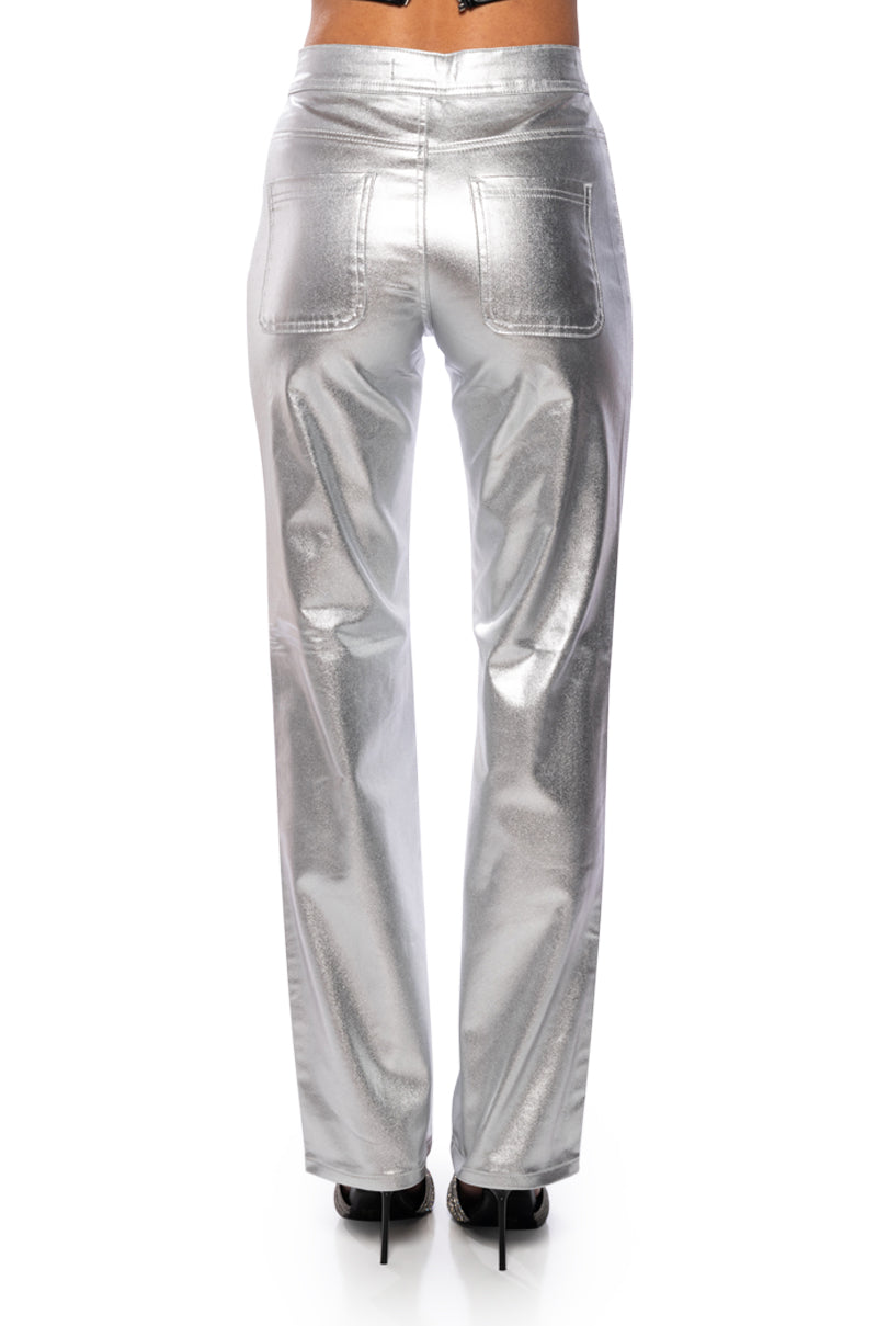 BORN TO SHINE METALLIC STRAIGHT LEG PANTS IN SILVER