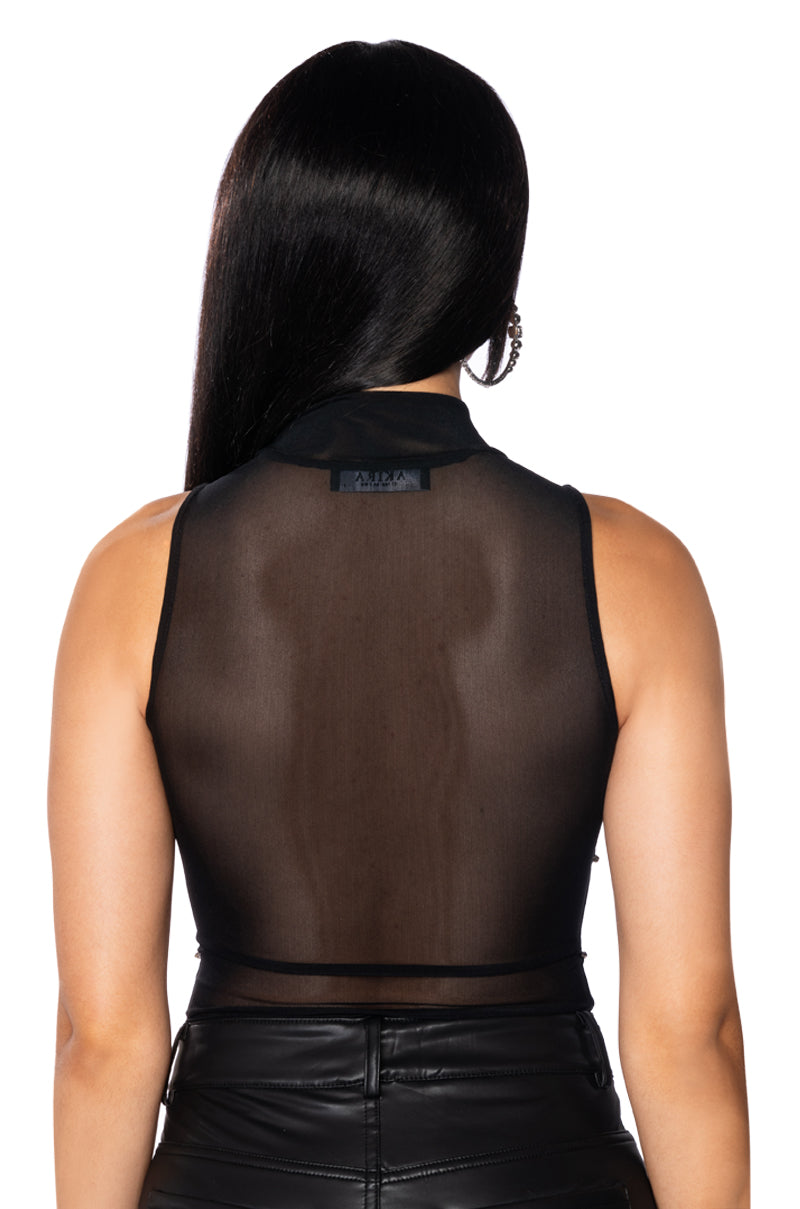 BOUT TIME RHINESTONE CHAIN SLEEVELESS MOCK NECK MESH BODYSUIT
