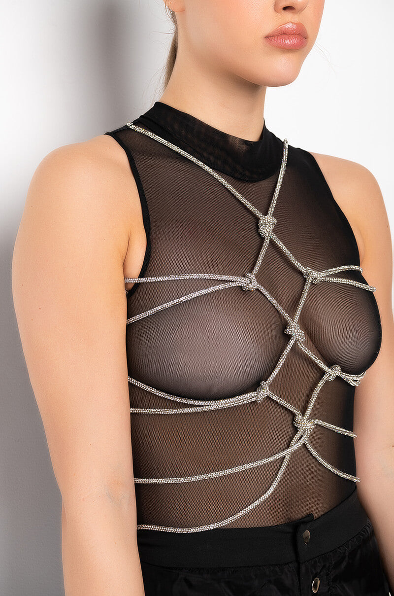 BOUT TIME RHINESTONE CHAIN SLEEVELESS MOCK NECK MESH BODYSUIT