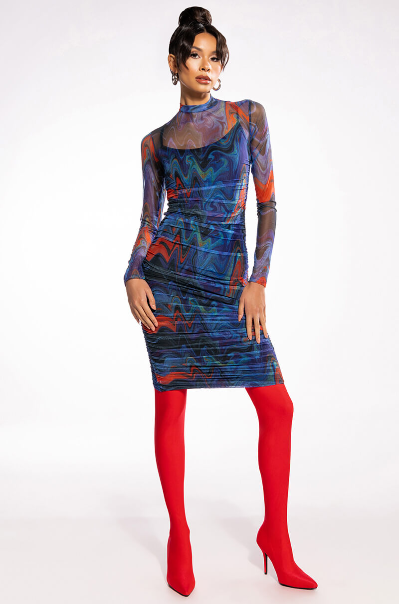 BREAK THE MOLD LONG SLEEVE RUCHED MESH MIDI DRESS