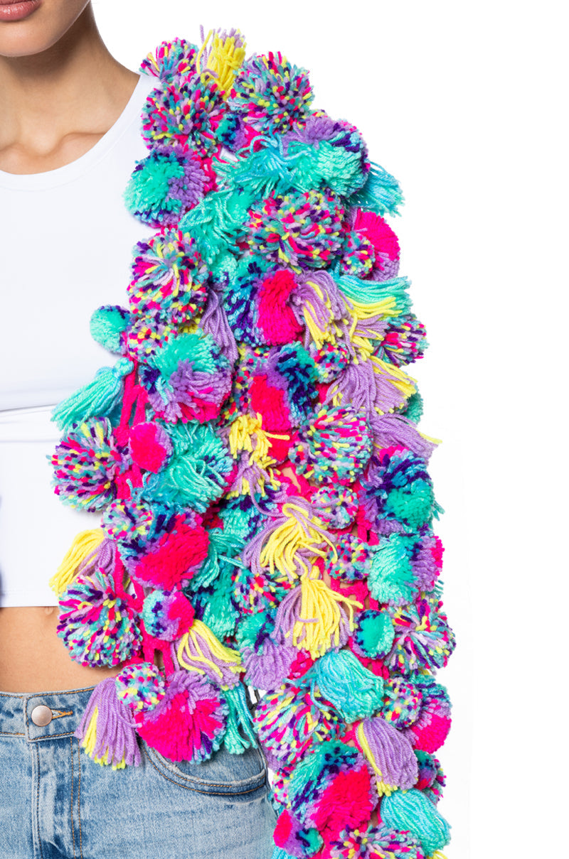 MULTI COLORED POM POM SWEATER