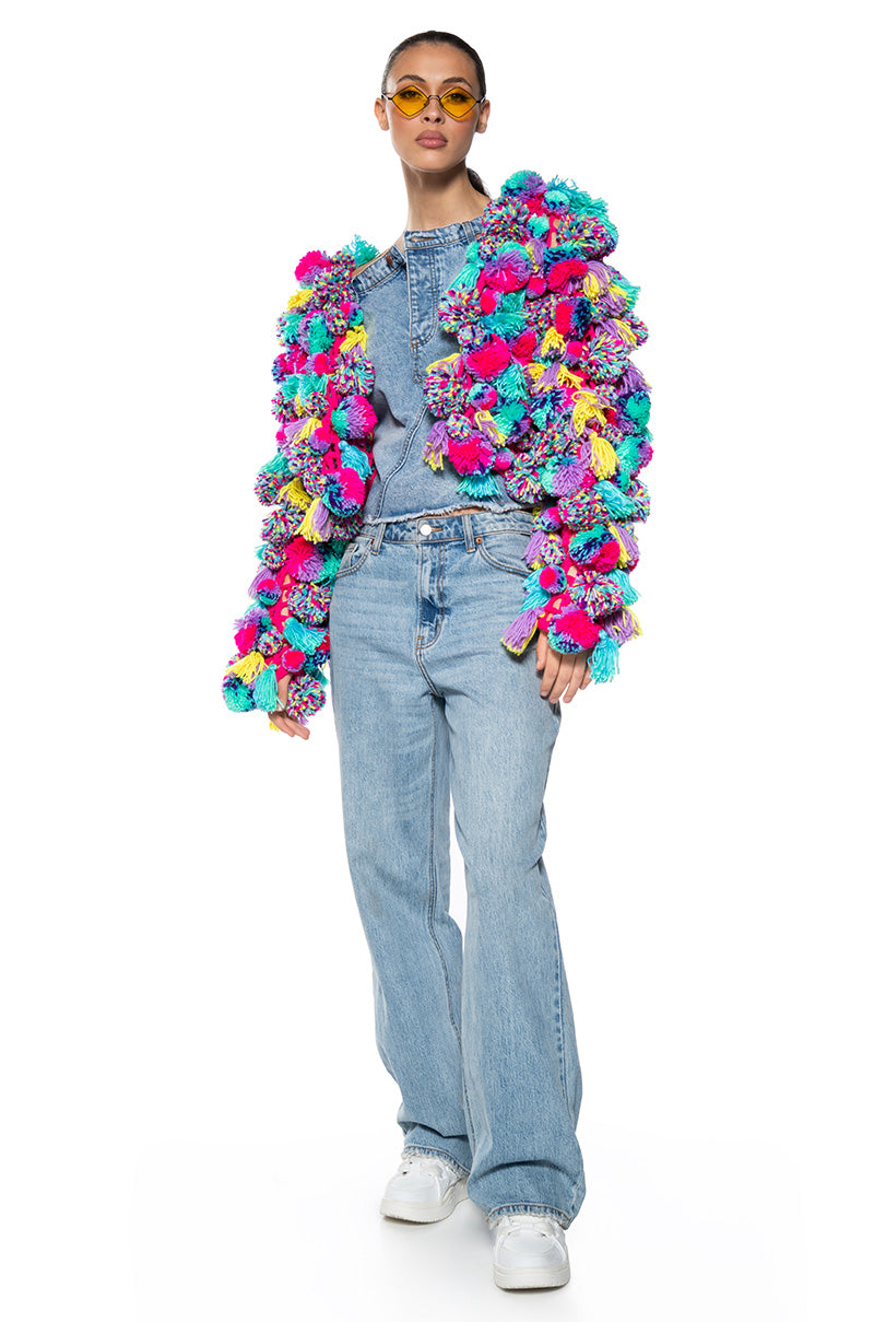 MULTI COLORED POM POM SWEATER