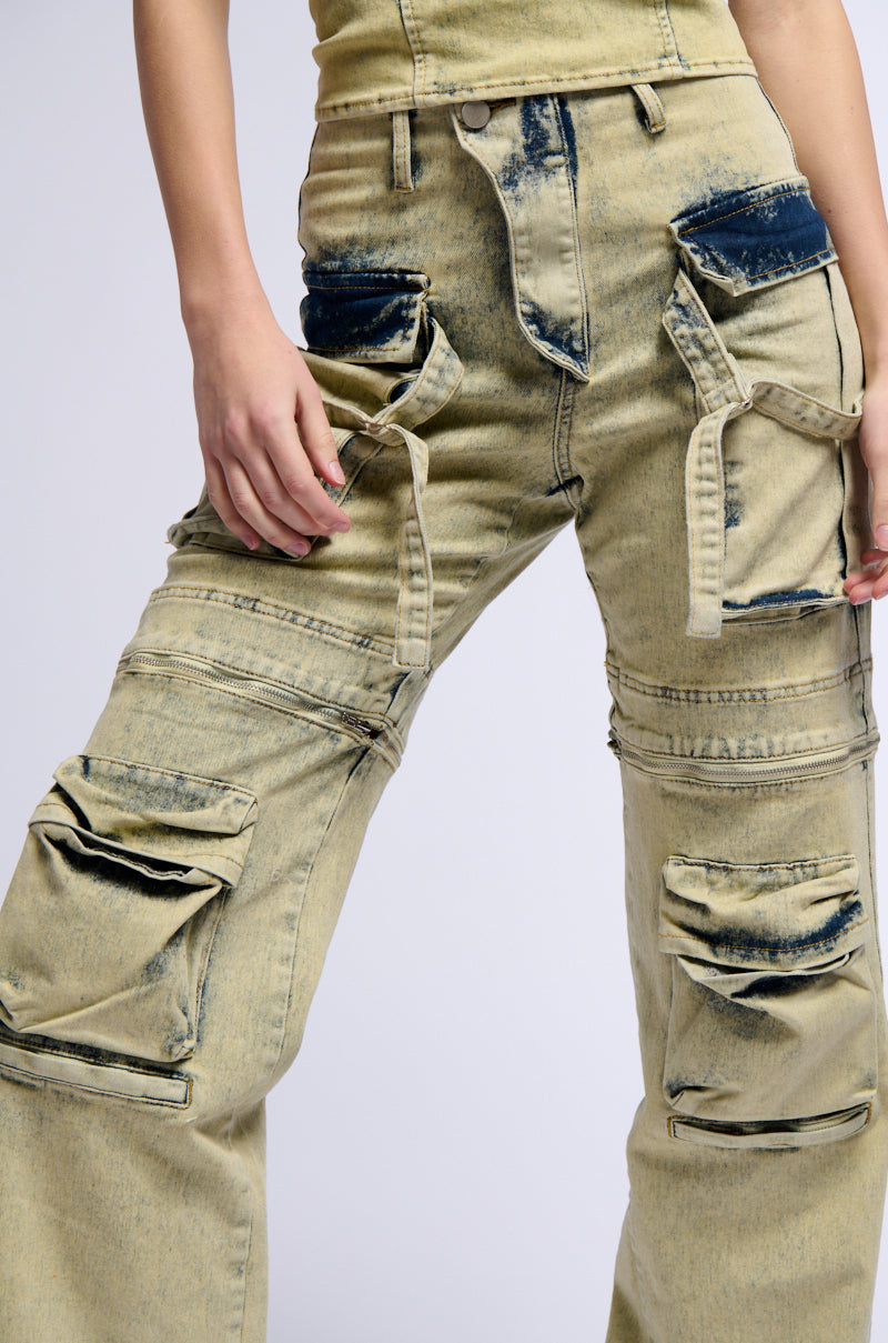 CAPRICE DISTRESSED DENIM CARGO CONVERTIBLE ZIP OFF PANT