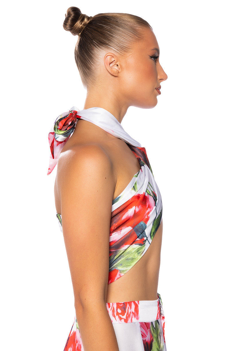CARAMELLA TWIST FRONT SATIN CROP TOP