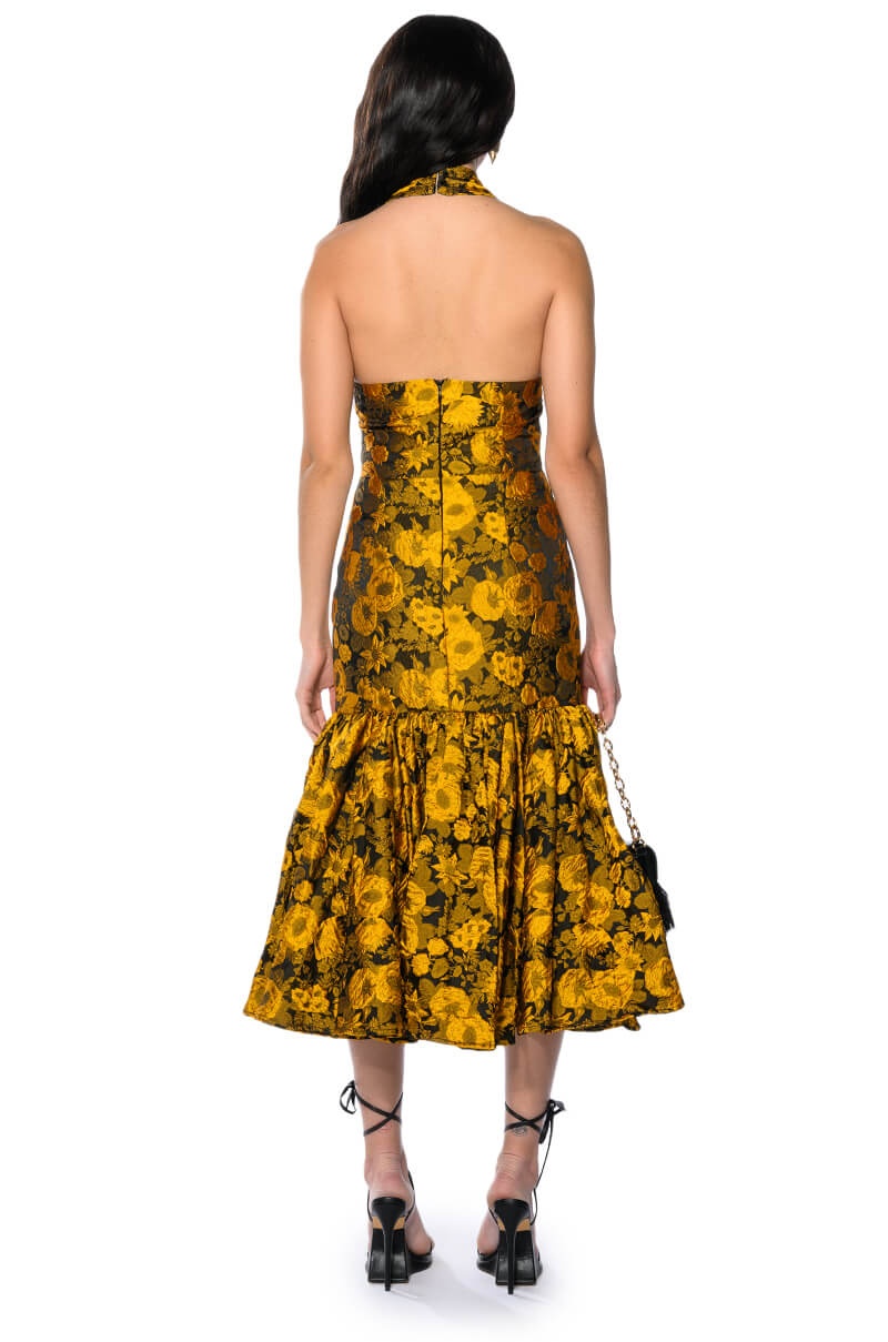 CHA CHA BROCADE HALTER NECK MIDI DRESS
