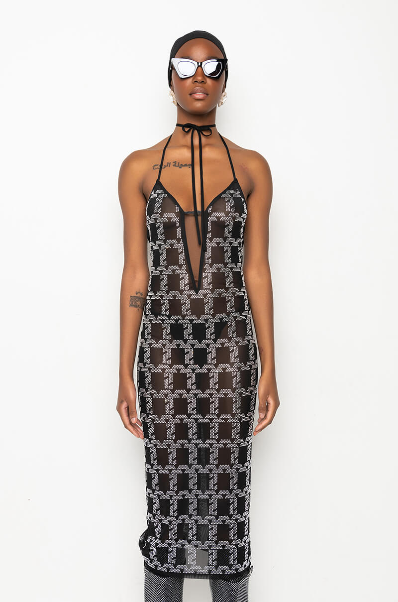 CHAIN ME UP RHINESTONE MESH MIDI DRESS