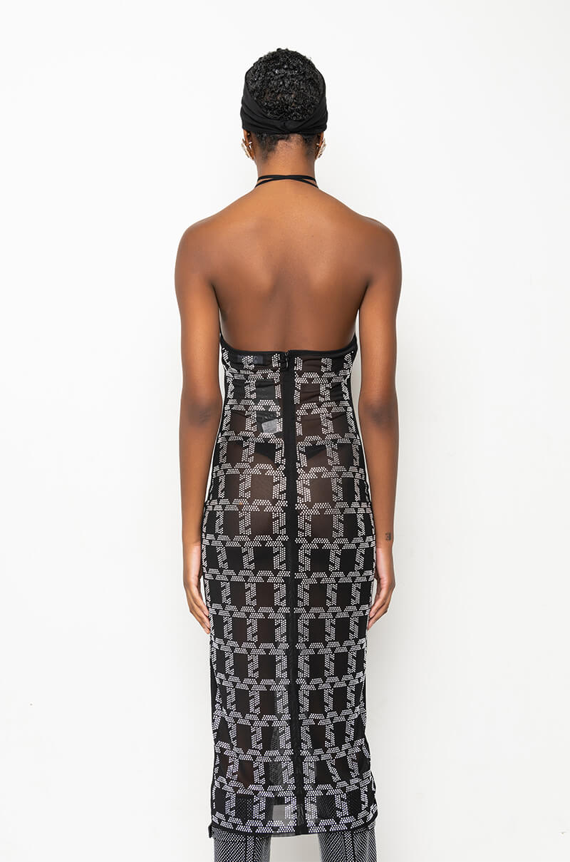 CHAIN ME UP RHINESTONE MESH MIDI DRESS