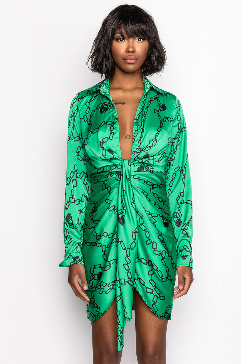 CHAIN OF LOVE SATIN SHIRT DRESS