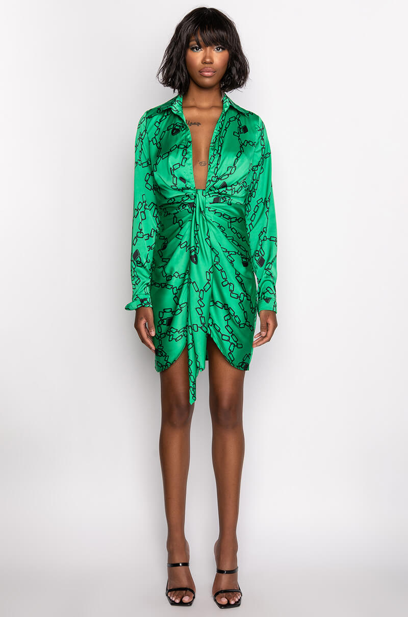 CHAIN OF LOVE SATIN SHIRT DRESS