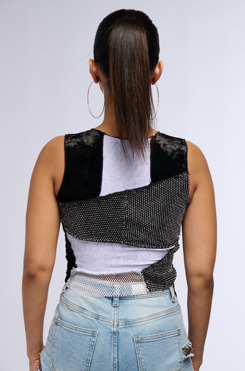 CHAOTIC BEAUTY RHINESTONE PATCHWORK TOP