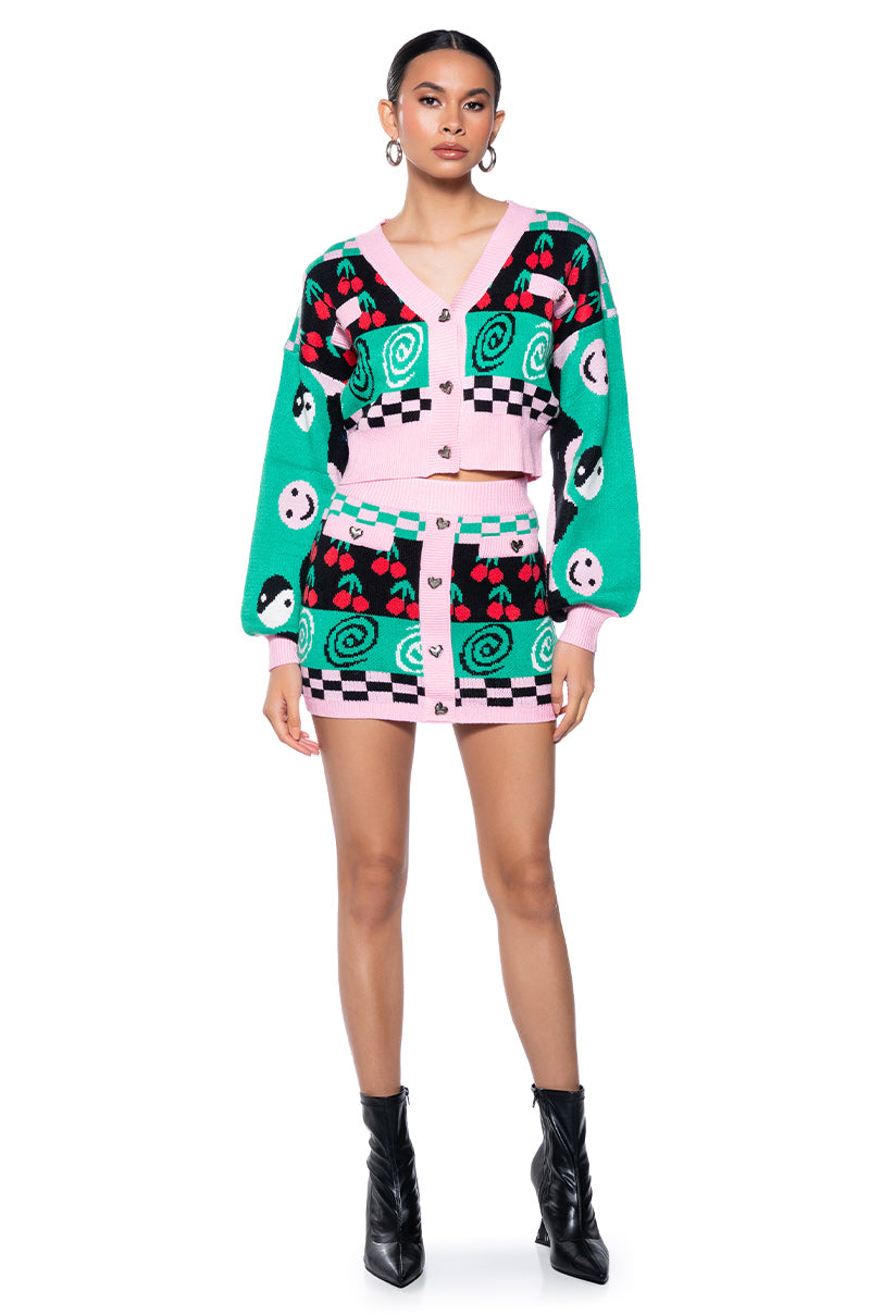 CHERRY ON TOP BUTTON FRONT KNIT MINI SKIRT