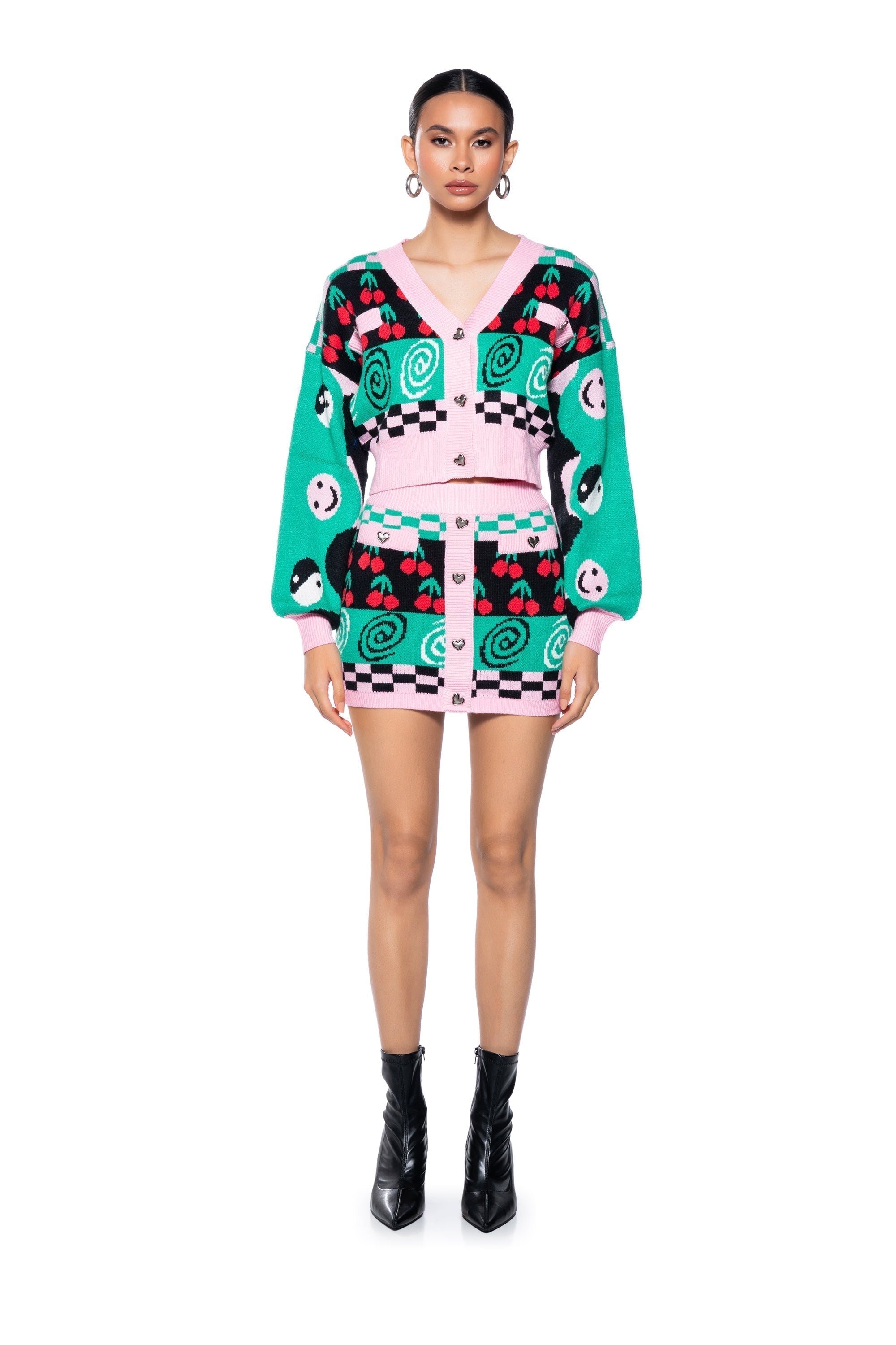 CHERRY ON TOP BUTTON FRONT KNIT MINI SKIRT