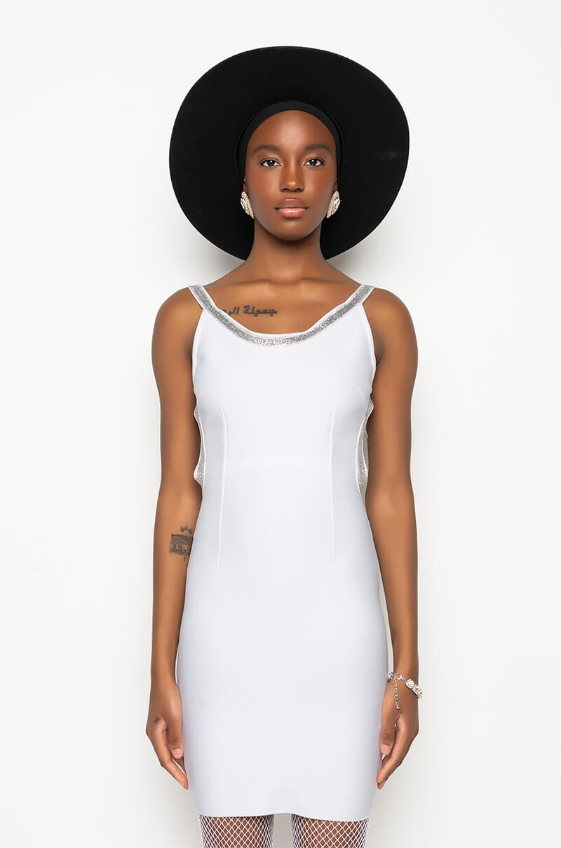 BANDAGE LOW BACK STONE DETAIL MINI DRESS