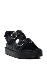 ROSE QUILTED BUCKLE DECOR FLAT SANDAL IN BLACK