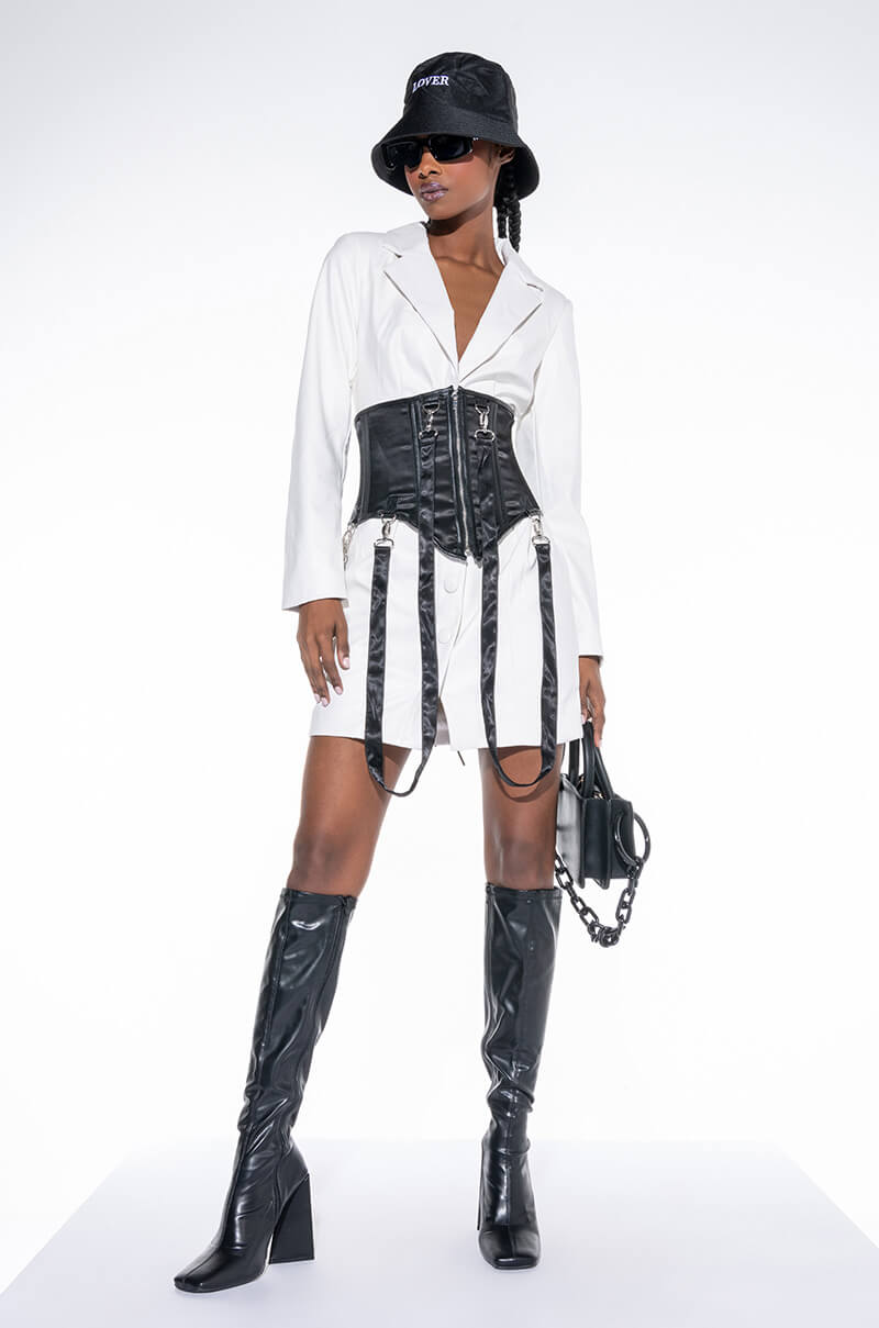 COME ALONG FAUX LEATHER BLAZER DRESS