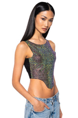 COSMIC ENERGY CROPPED CUT OFF RHINESTONE TANK IN BLACK