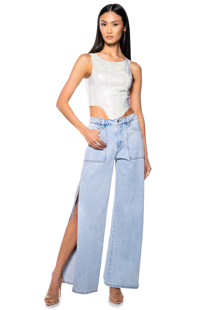 COSMIC ENERGY CROPPED CUT OFF RHINESTONE TANK
