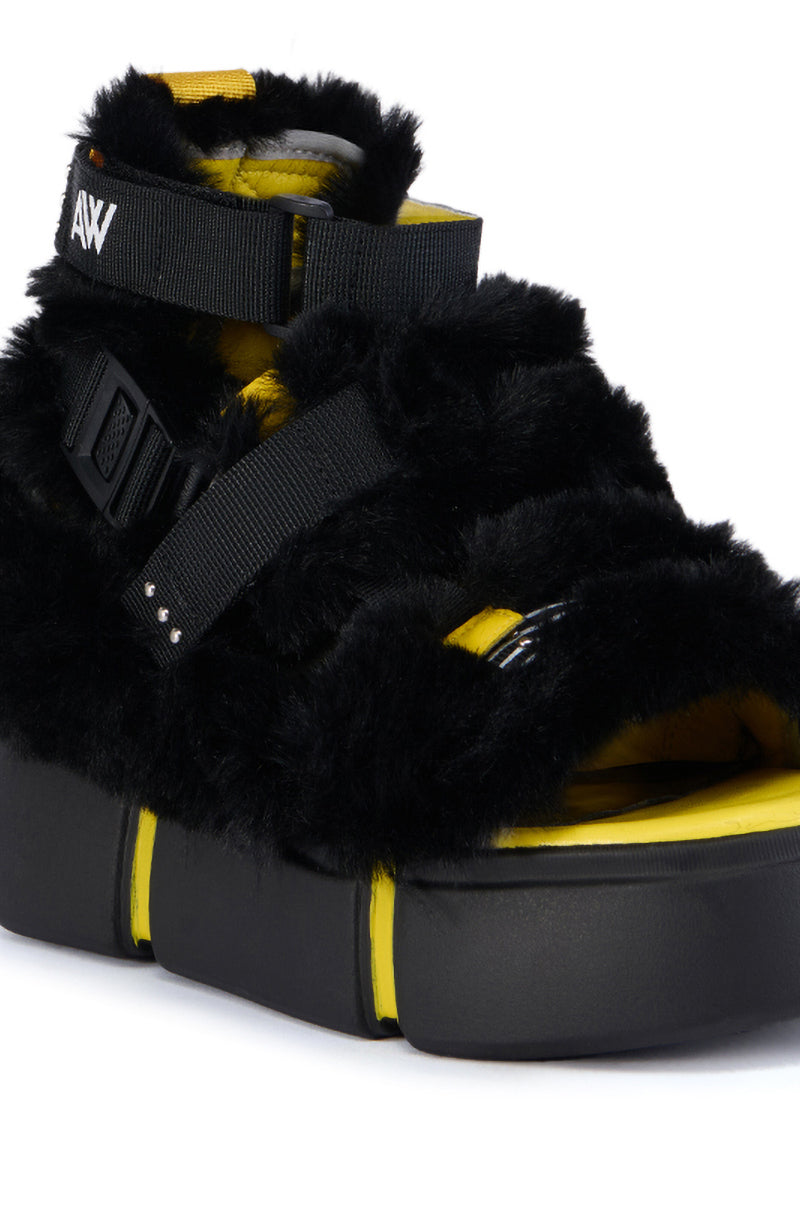 CRANBERRY CAGED BLACK FUZZY FLATFORM SANDAL