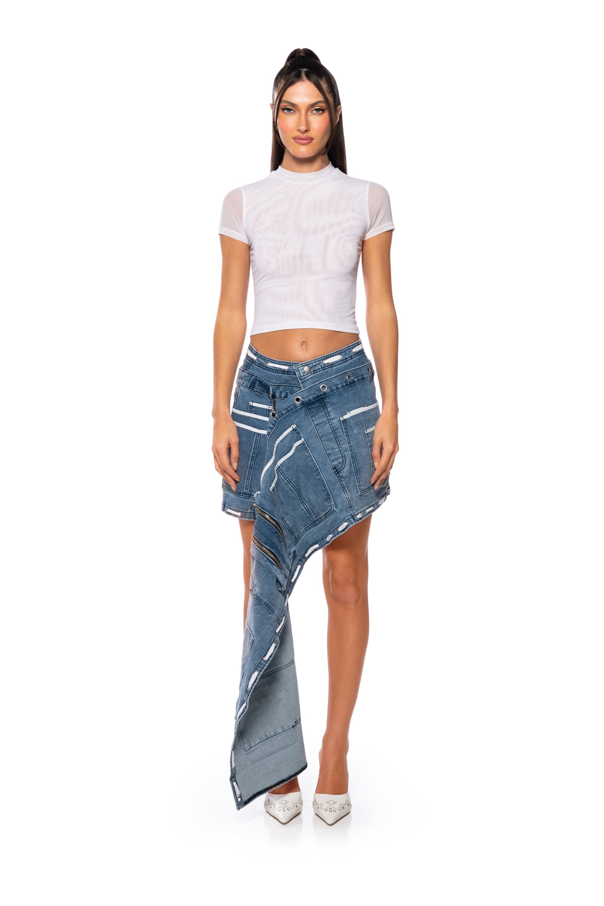 CURIOUS ABOUT YOU ASYMMETRICAL DENIM UTILITY SKIRT