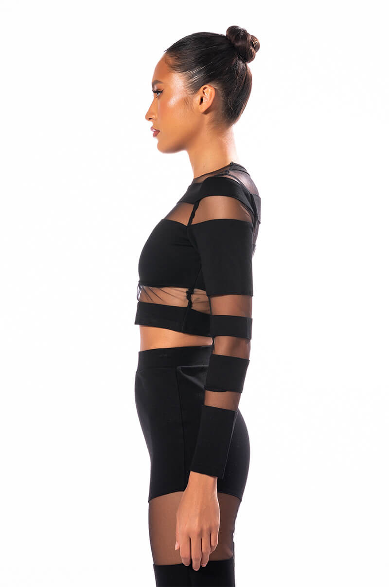 CUT TO THE CHASE MESH PANEL LONG SLEEVE CREW NECK TOP