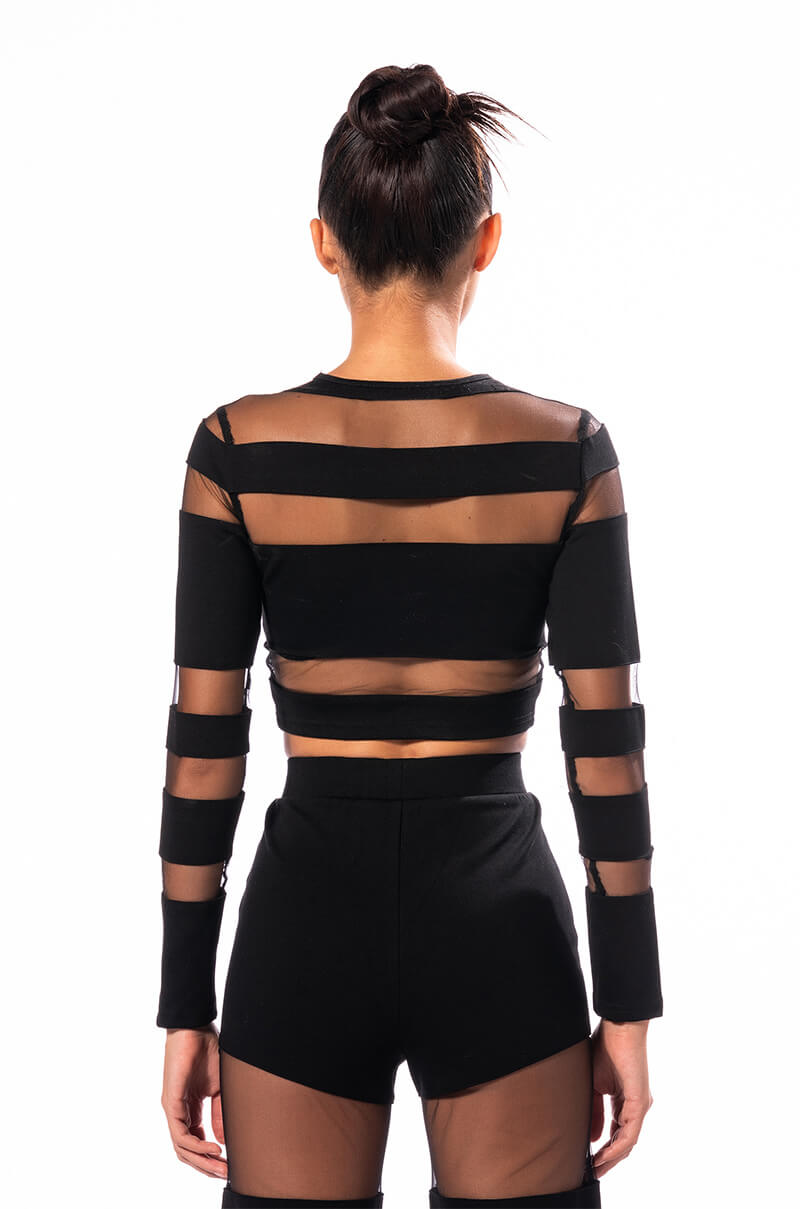 CUT TO THE CHASE MESH PANEL LONG SLEEVE CREW NECK TOP