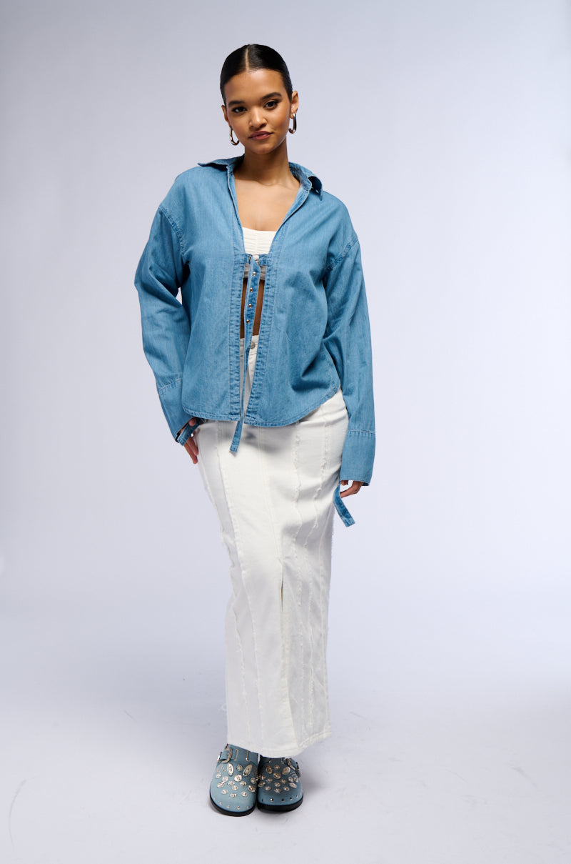 DAY TRIP BUCKLED FRONT DENIM BLOUSE