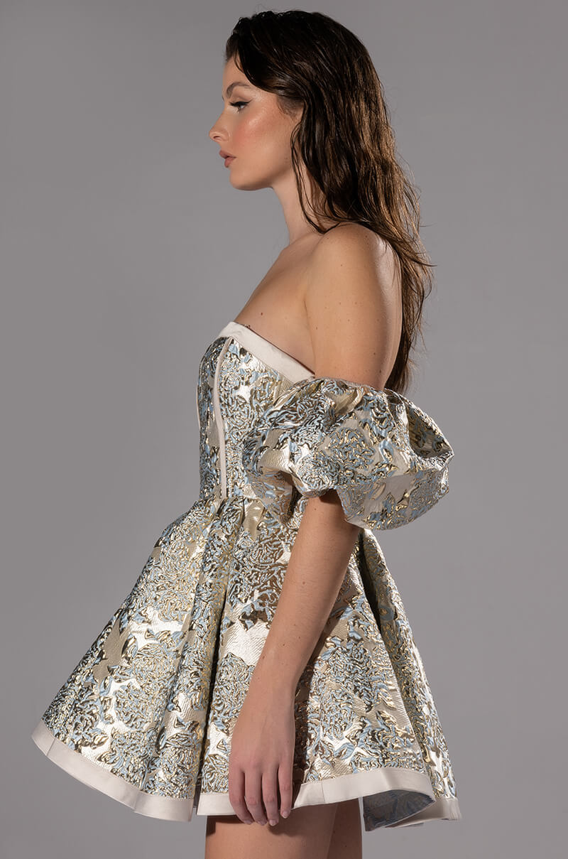 ELOISE OFF THE SHOULDER BROCADE DRESS