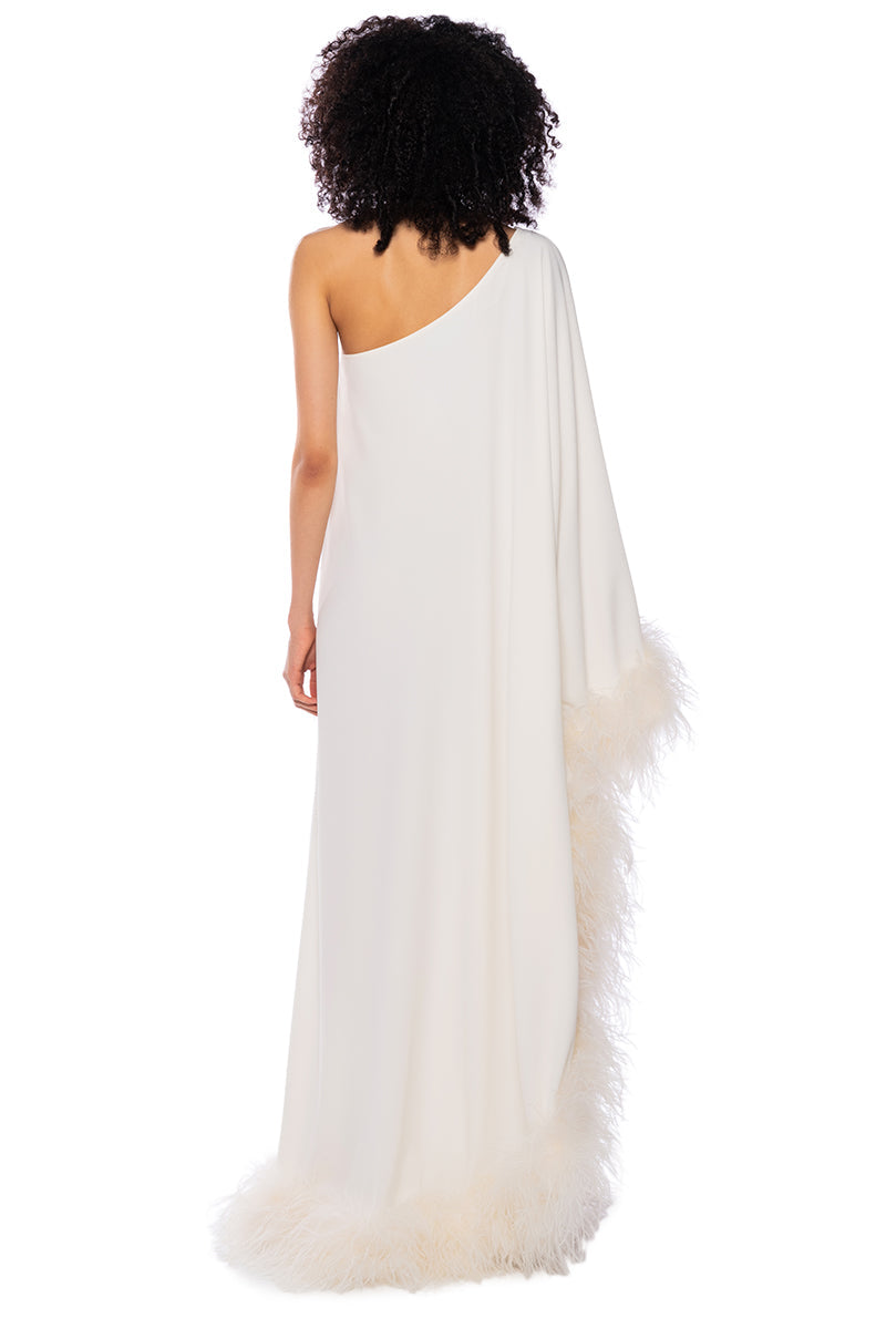 ELIZA ONE SHOULDER FEATHER MAXI