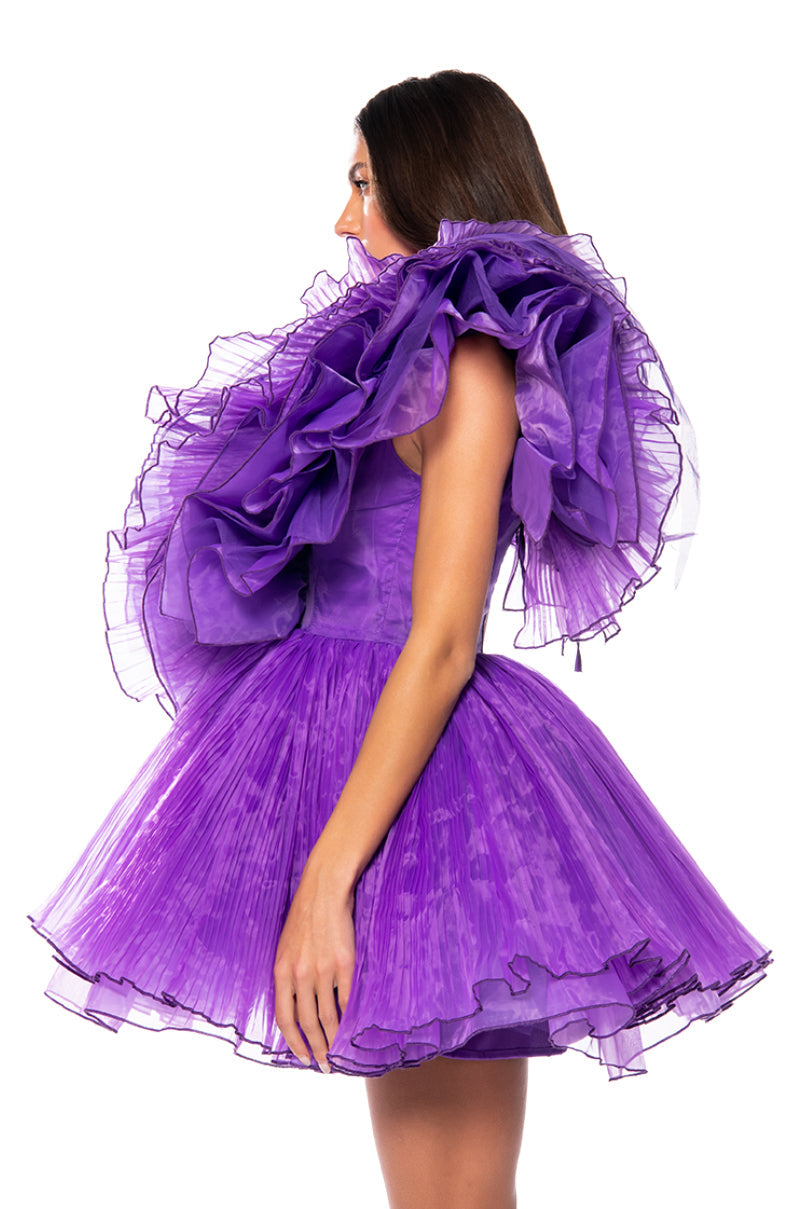 EVER AFTER RUFFLE SLEEVE PLEATED A LINE MINI DRESS
