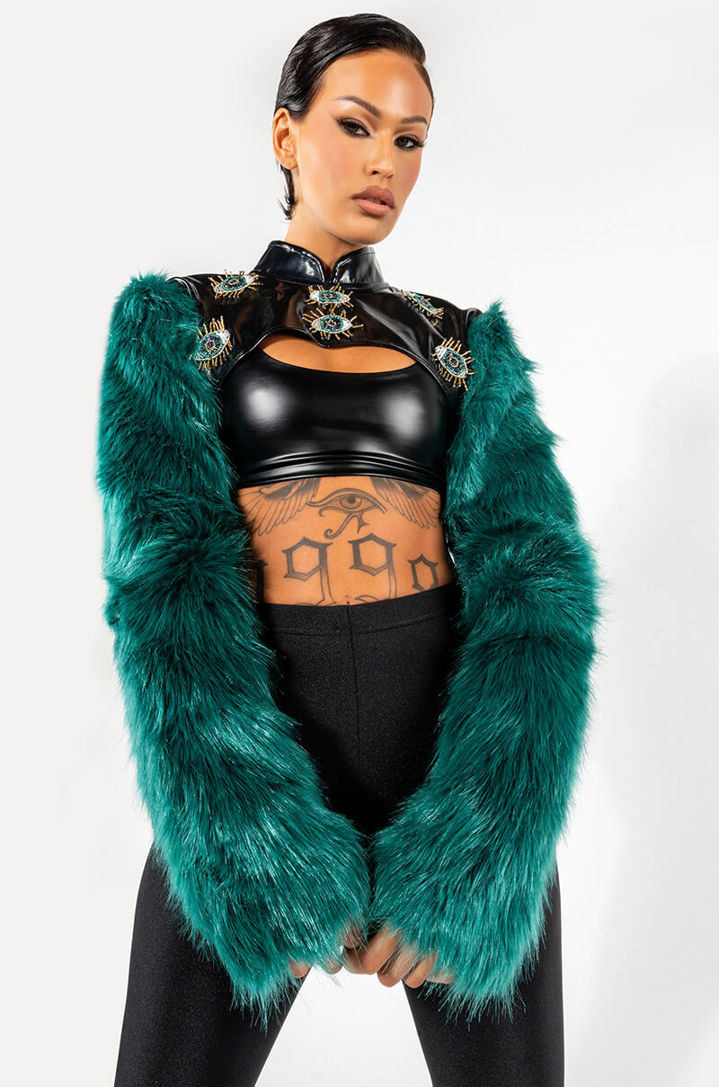 EYE OF THE BEHOLDER FAUX FUR LONG SLEEVE CROP TOP