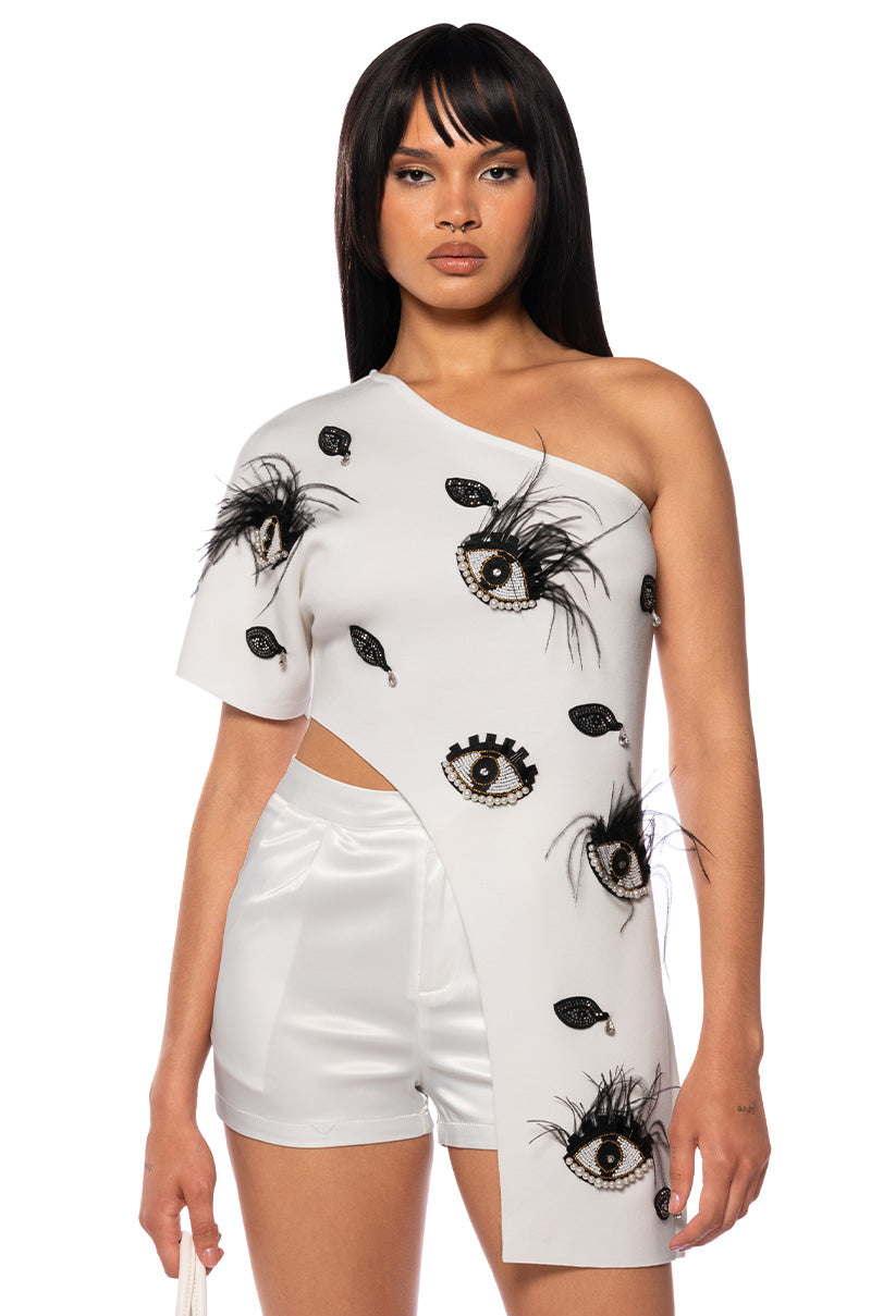 EYES ON THE PRIZE ASYMMETRICAL EMBELLISHED TOP IN WHITE