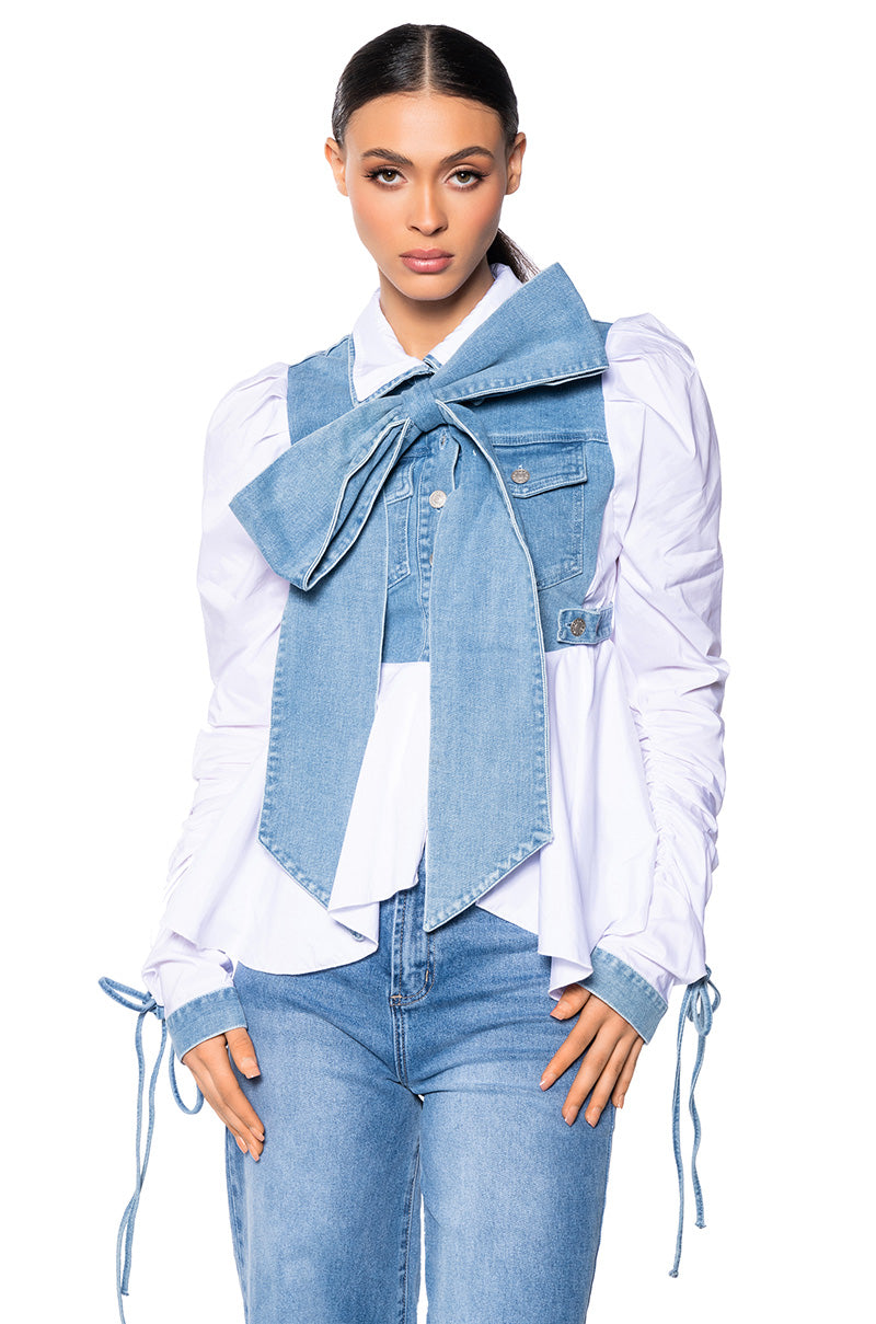 FAITH DENIM TIE POPLIN BLOUSE