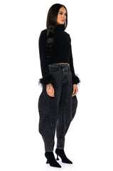 FANCY HUH FEATHER CUFF MOCK NECK SWEATER