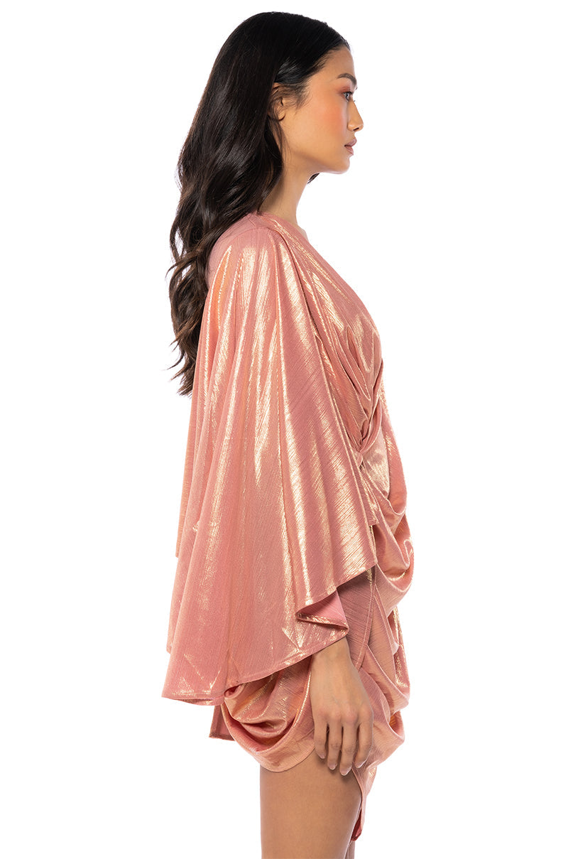 FANTASY DRAPED METALLIC MINI DRESS IN PINK