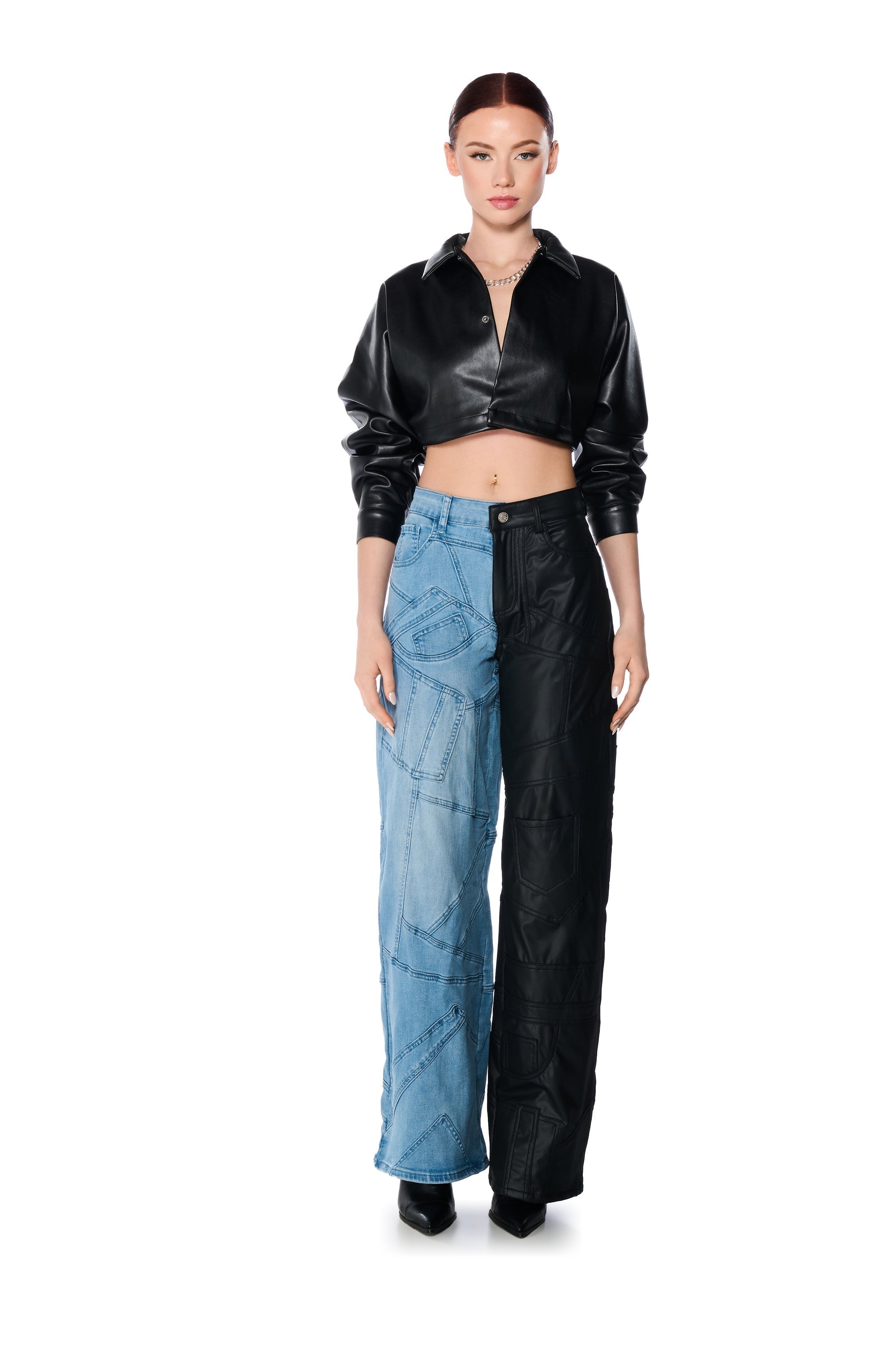 FAUX LEATHER CROPPED BUTTON DOWN SHIRT