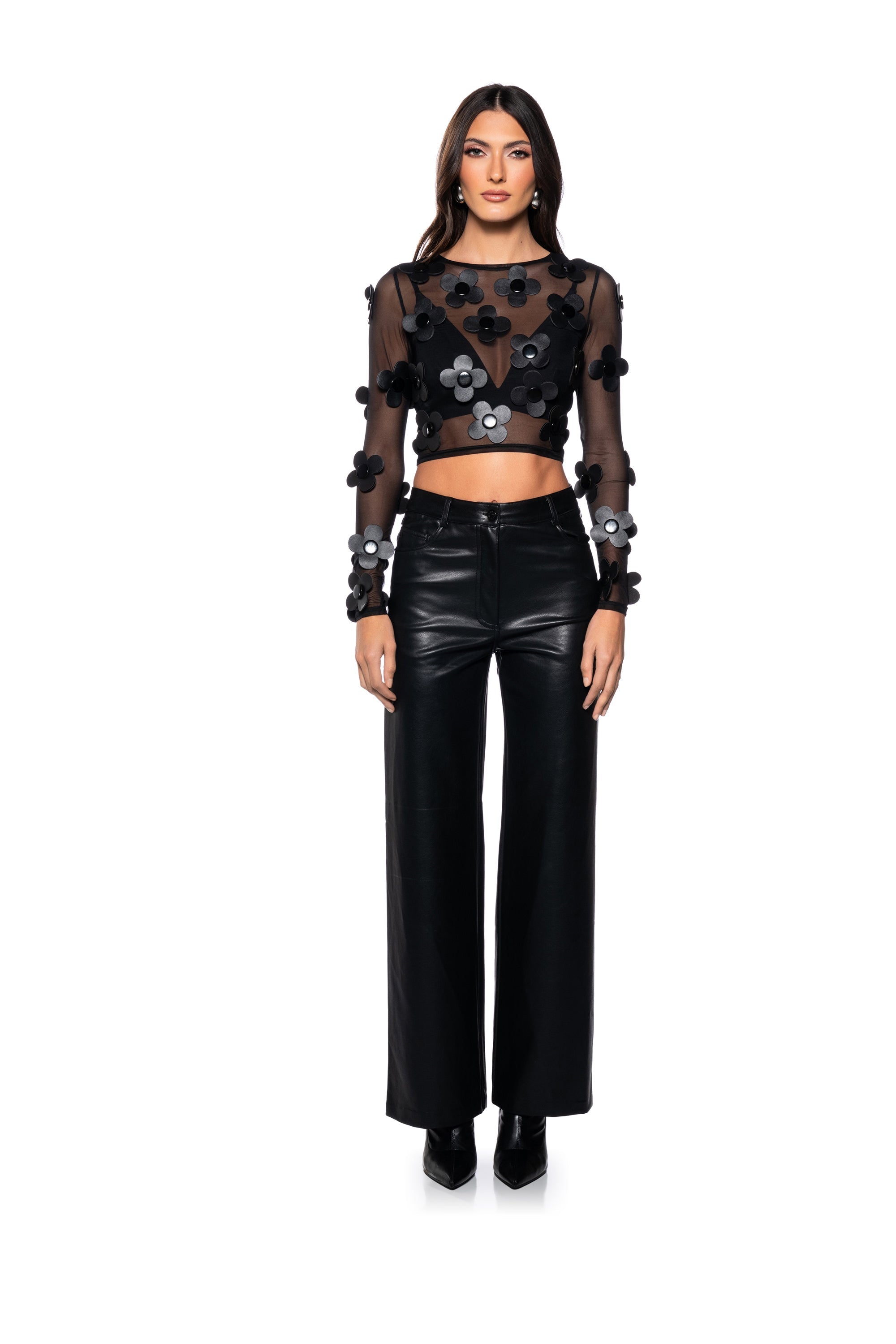 FAUX LEATHER FLOWER DETAIL LONG SLEEVE MESH TOP