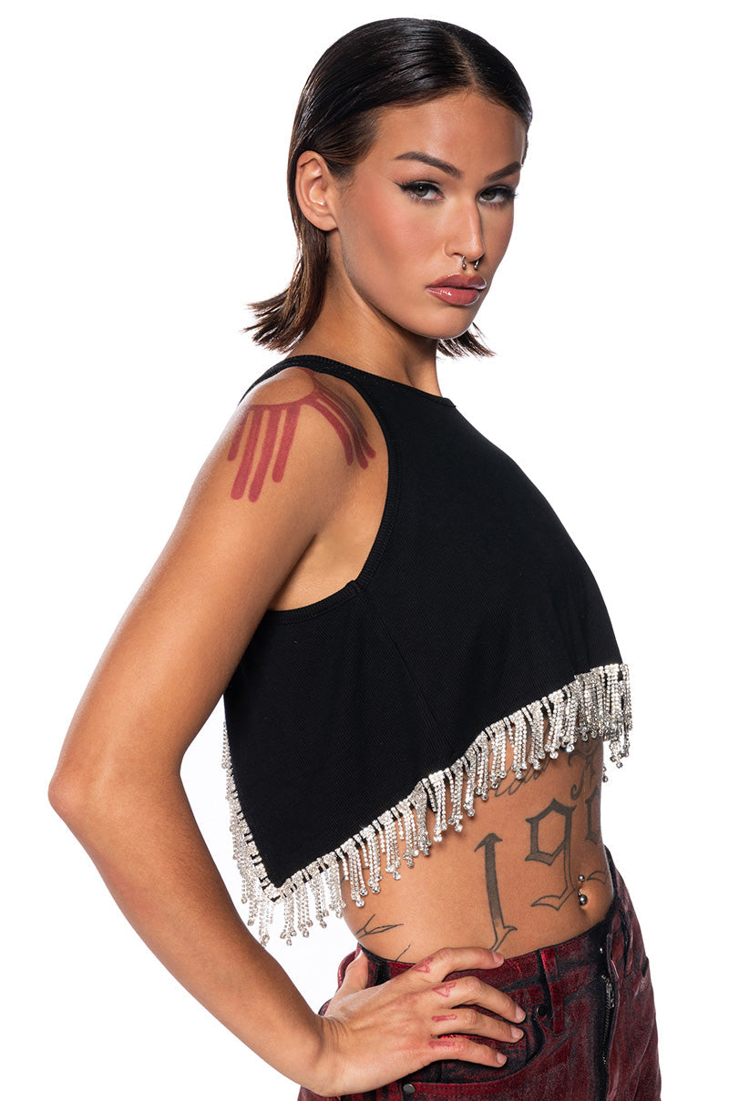 FEVER DREAM RHINESTONE FRINGE OPEN BACK TANK TOP