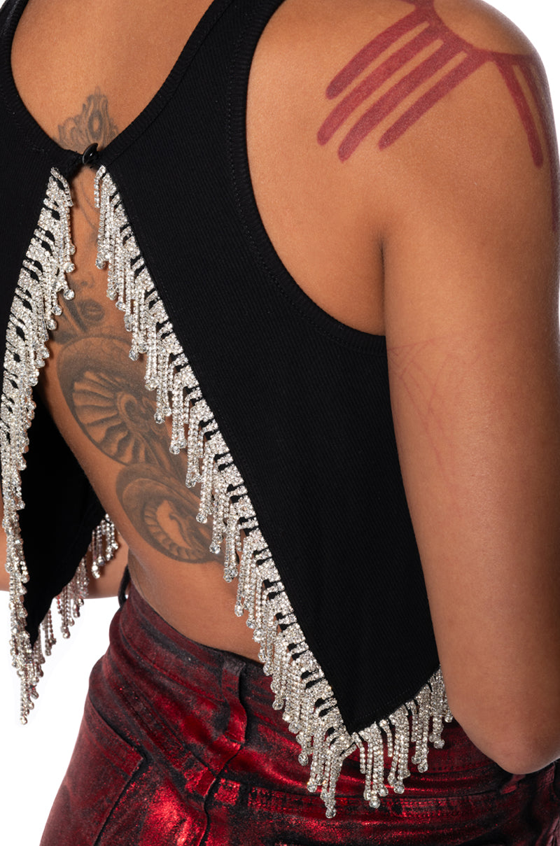 FEVER DREAM RHINESTONE FRINGE OPEN BACK TANK TOP