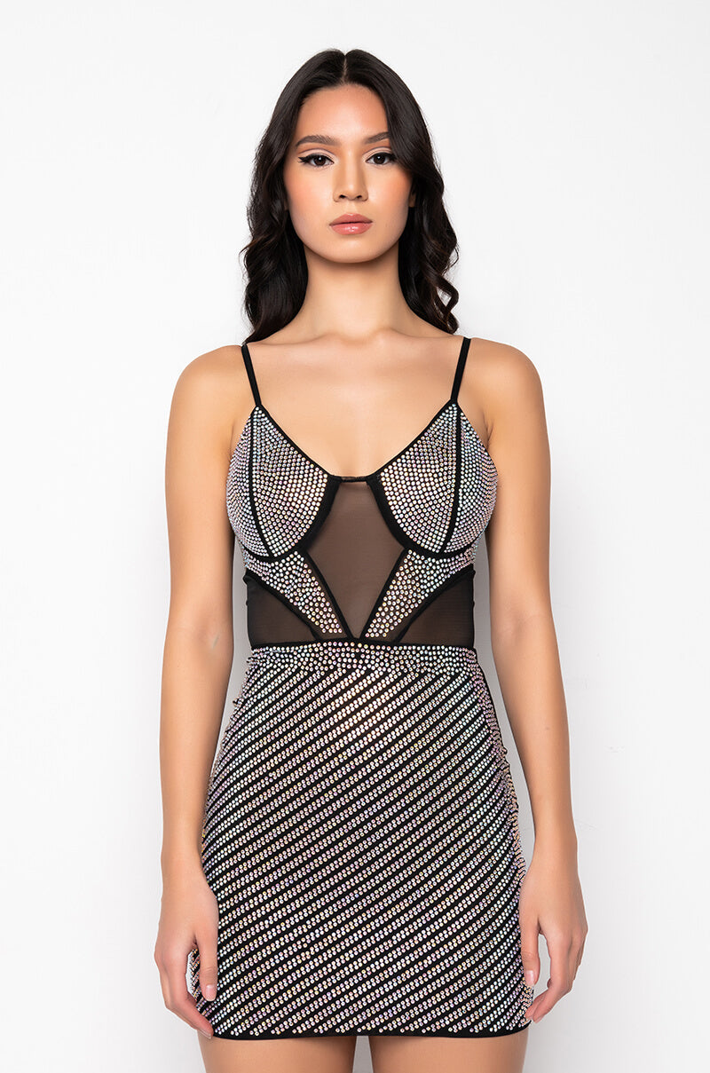 FIRST PLACE RHINESTONE MINI DRESS