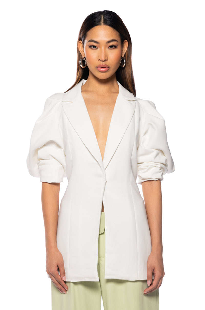 FLARE COLD SHOULDER BLAZER IN WHITE