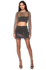 FLASHING LIGHTS RHINSTONE MESH LONG SLEEVE TOP IN BLACK