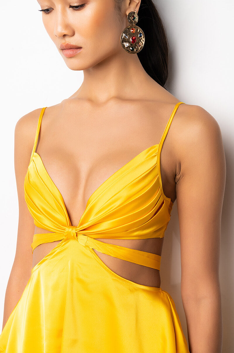 FLIRTY TIE FRONT SATIN MINI DRESS