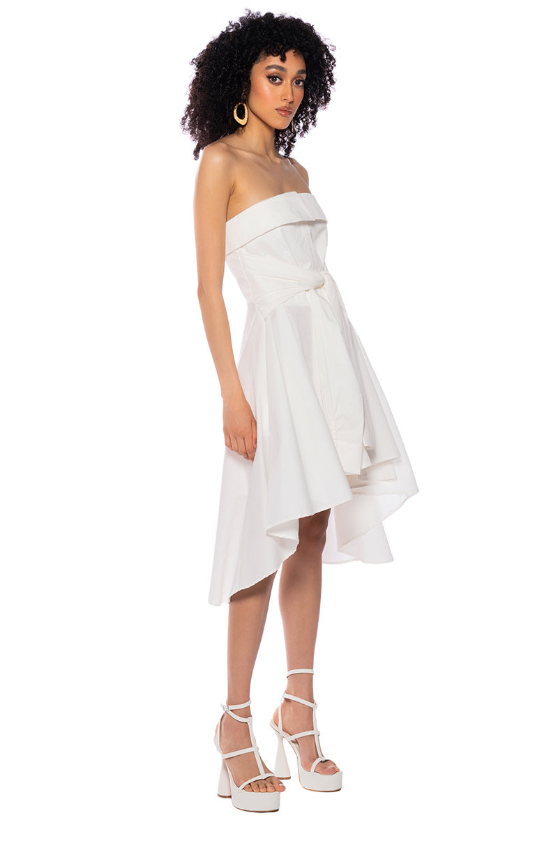 FLORA STRAPLESS TIE WAIST POPLIN MINI DRESS