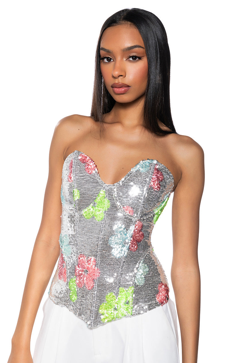 FLOWER POWER SEQUIN COVERED CORSET TOP