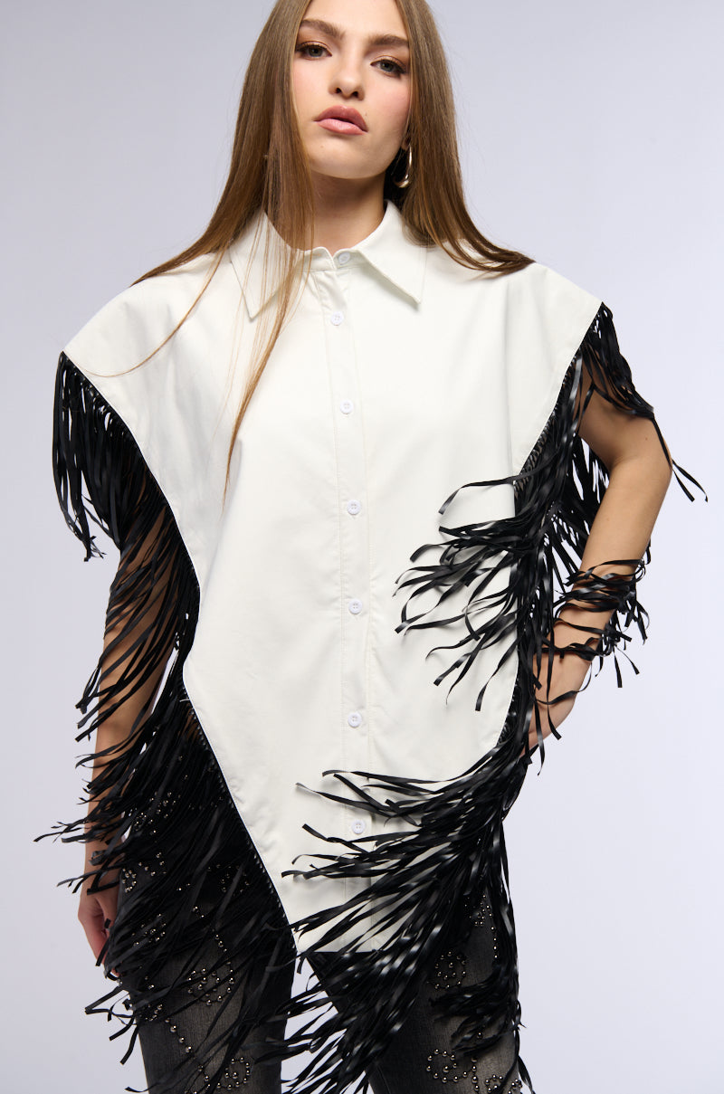 FLY HIGH FAUX LEATHER TOP WITH FRINGE