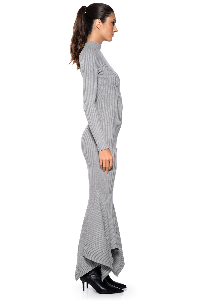 FORGET ME NOT LONG SLEEVE MOCK NECK MAXI DRESS IN HEATHER GREY