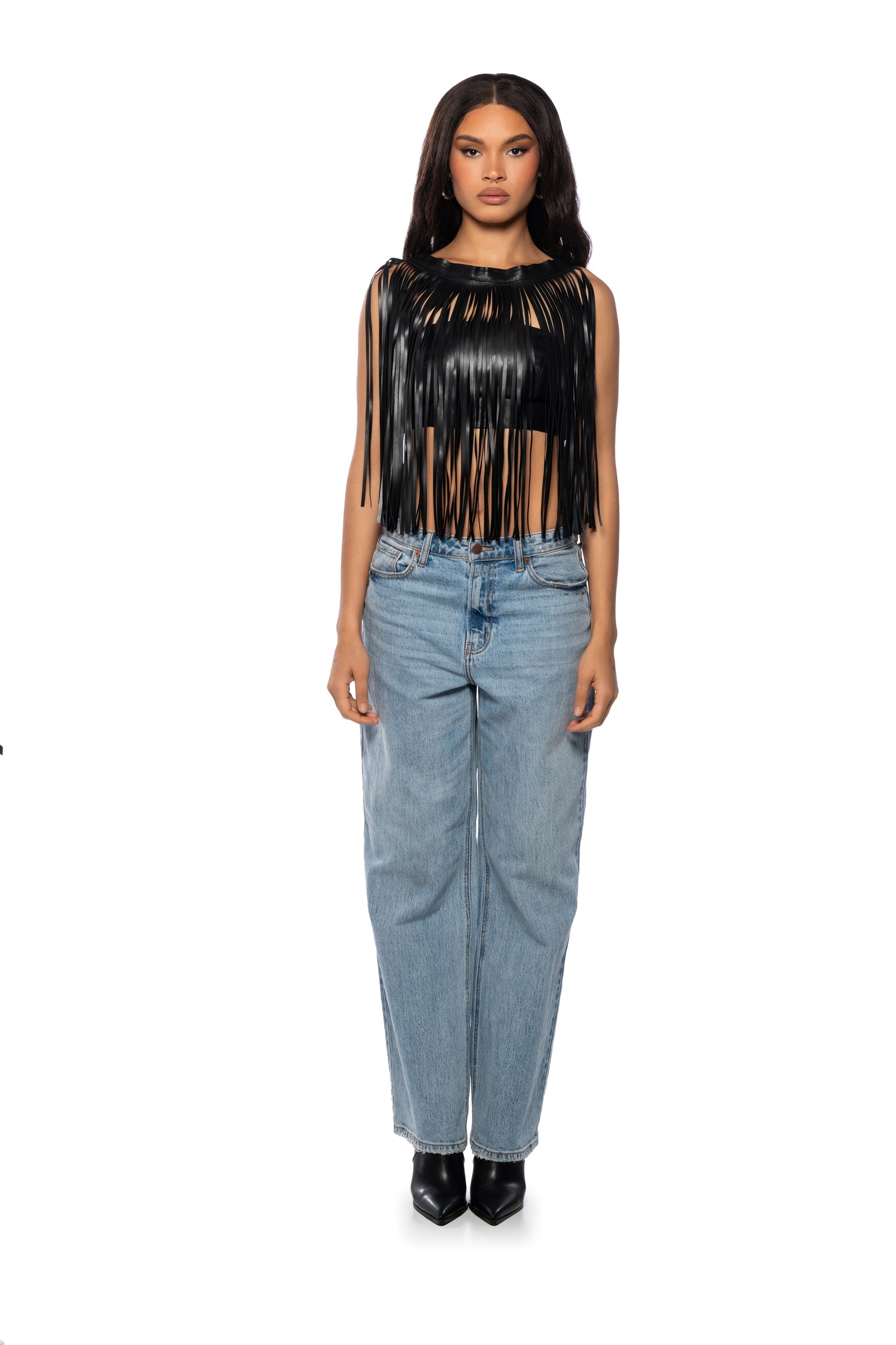 FREE MY MIND FAUX LEATHER FRINGE TOP