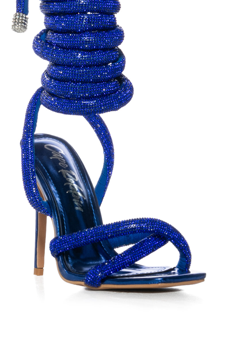 GEMMA PADDED RHINESTONE LACE UP SANDAL IN BLUE